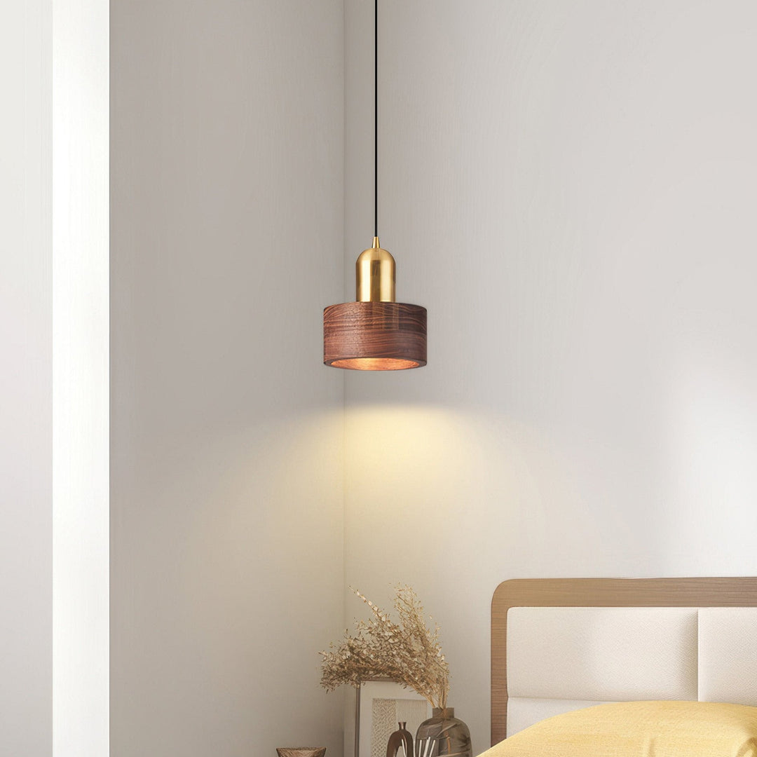 Japanese-Style Walnut and Brass Cylinder Pendant Light Fixture