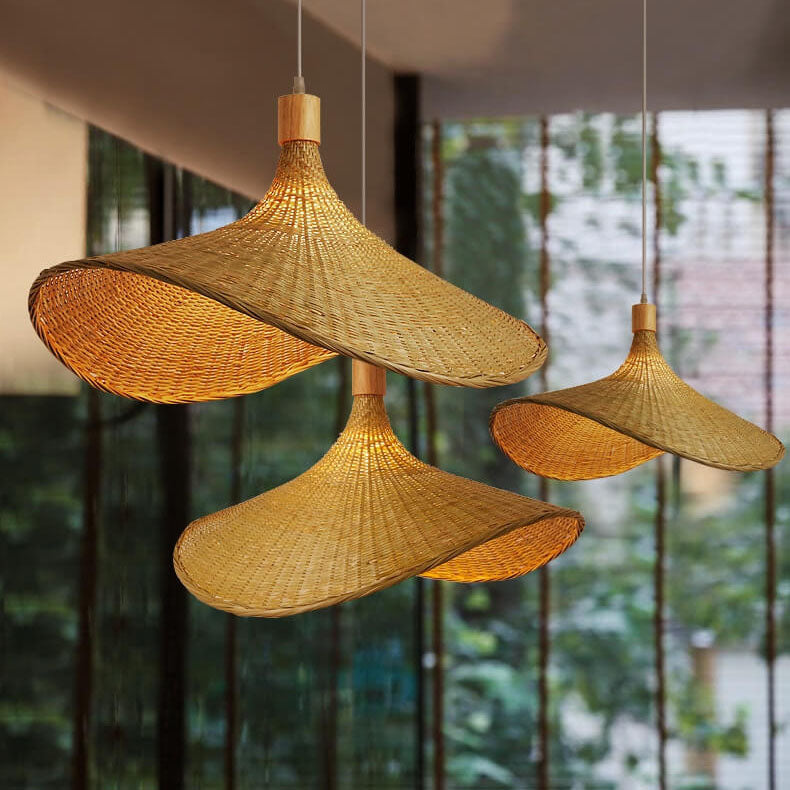 Woven Bamboo Straw Hat Pendant Light for Boho Interiors-Orizon Depot