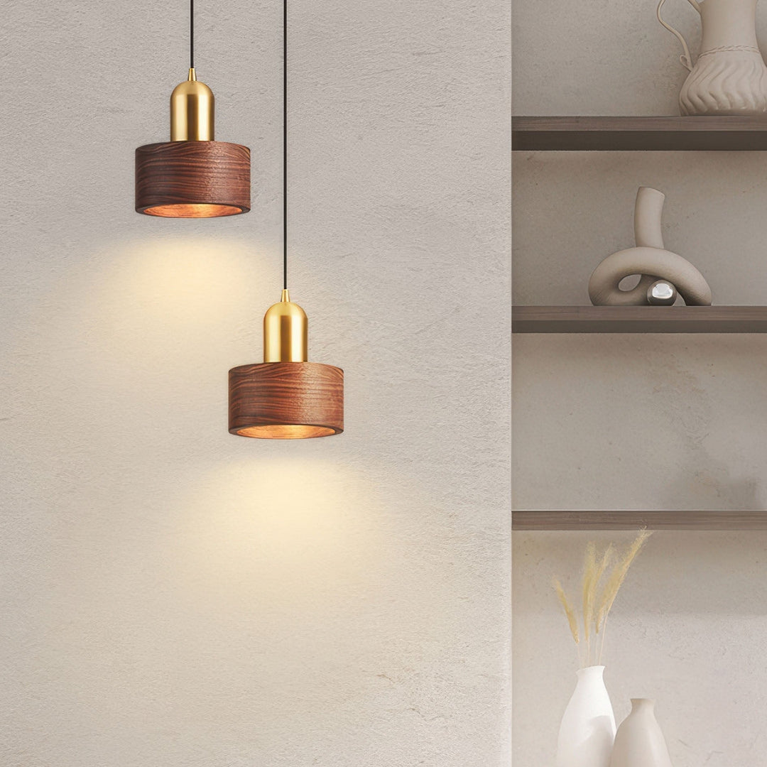 Japanese-Style Walnut and Brass Cylinder Pendant Light Fixture