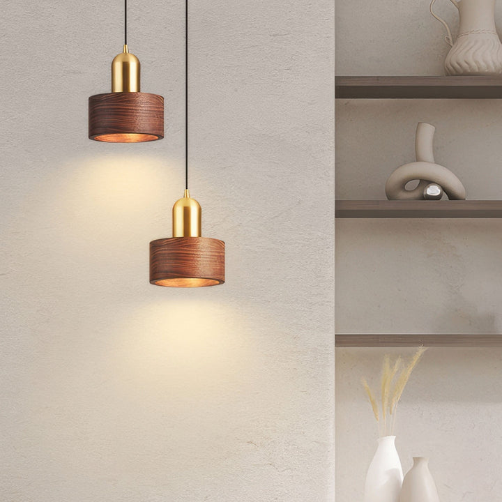 Japanese-Style Walnut and Brass Cylinder Pendant Light Fixture
