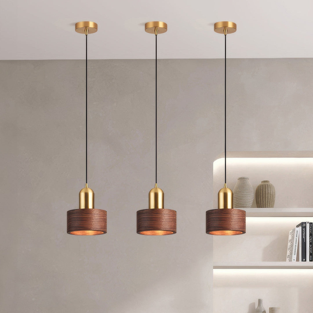Japanese-Style Walnut and Brass Cylinder Pendant Light Fixture