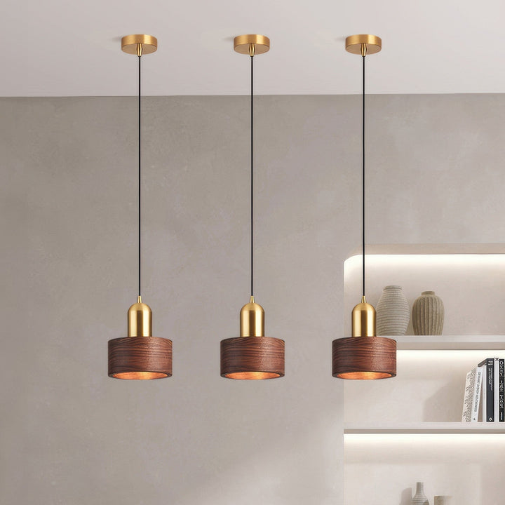 Japanese-Style Walnut and Brass Cylinder Pendant Light Fixture
