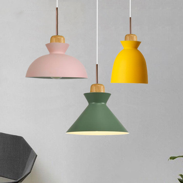 Contemporary Nordic Oak Wood Iron Bell Pendant Light-Orizon Depot