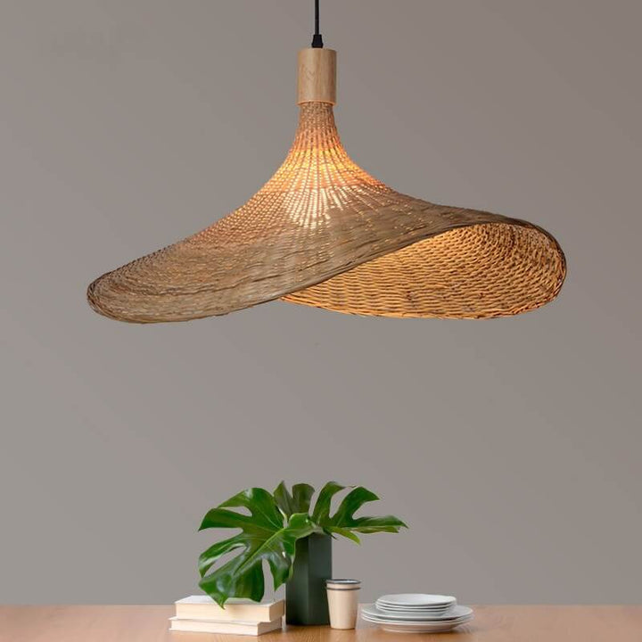 Woven Bamboo Straw Hat Pendant Light for Boho Interiors-Orizon Depot