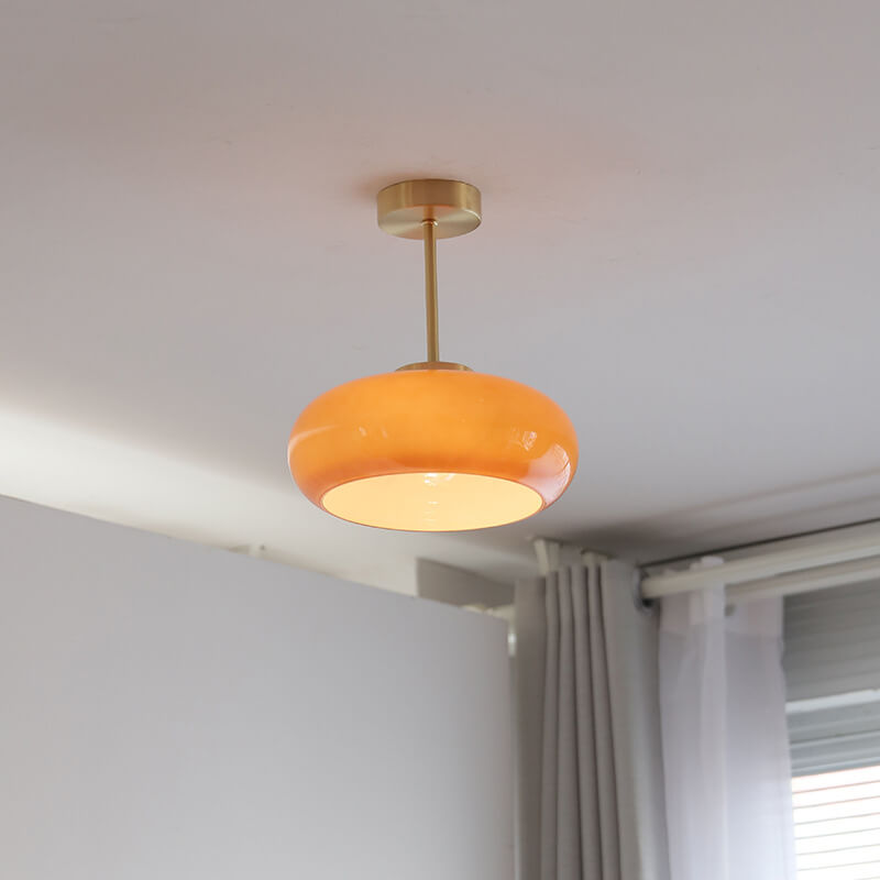Vintage Brass Yellow Glass 1-Light Semi-Flush Mount Ceiling Lamp-Orizon Depot