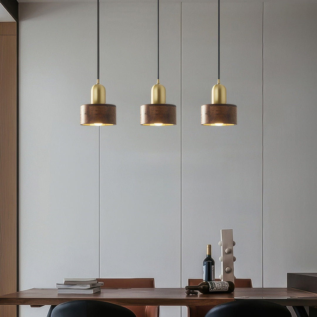 Japanese-Style Walnut and Brass Cylinder Pendant Light Fixture
