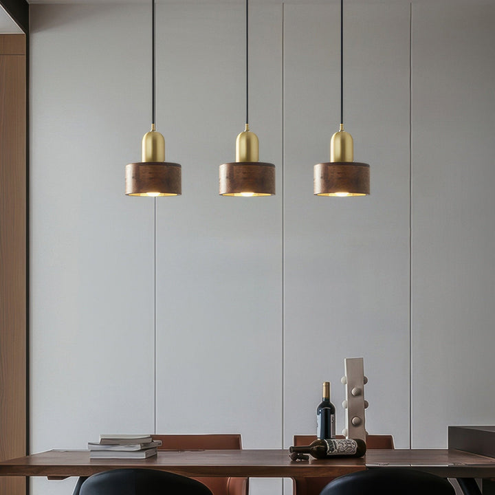 Japanese-Style Walnut and Brass Cylinder Pendant Light Fixture