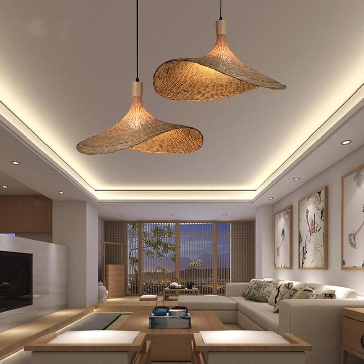 Woven Bamboo Straw Hat Pendant Light for Boho Interiors-Orizon Depot