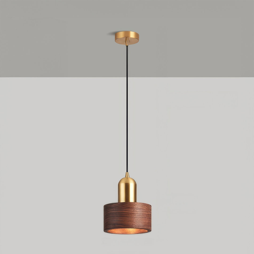 Japanese-Style Walnut and Brass Cylinder Pendant Light Fixture