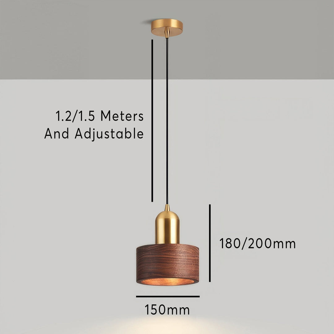 Japanese-Style Walnut and Brass Cylinder Pendant Light Fixture