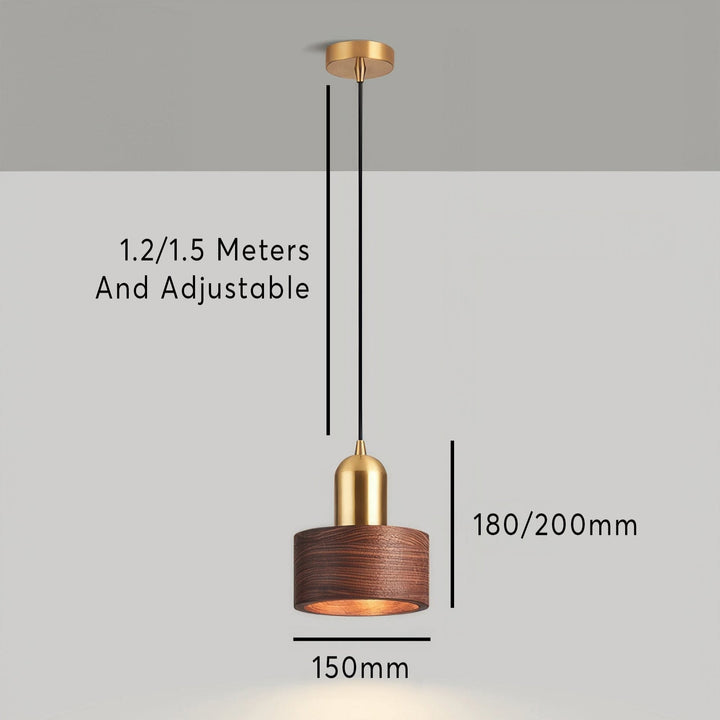Japanese-Style Walnut and Brass Cylinder Pendant Light Fixture
