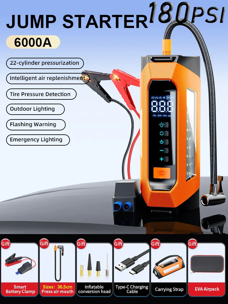 Portable Car Jump Starter Power Bank with Air Compressor 6000A-Orizon Depot