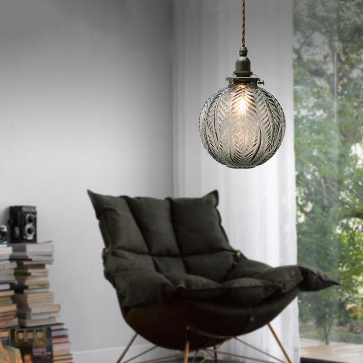 Retro Lotus Texture Glass 1-Light Globe Hanging Lamp-Orizon Depot