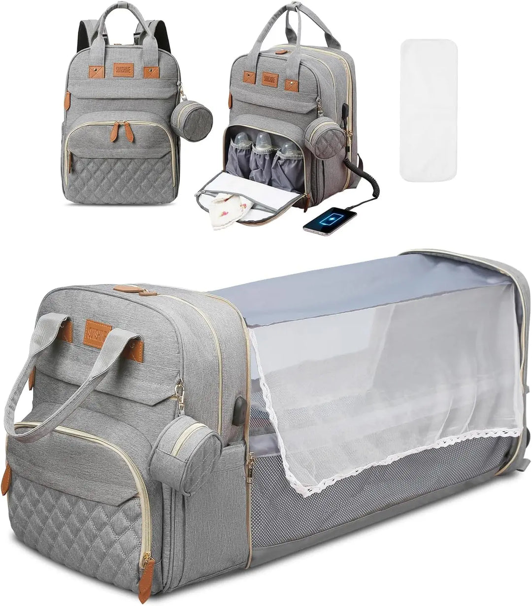 3-in-1 Waterproof Diaper Bag Backpack with Foldable Baby Bed & USB Charge