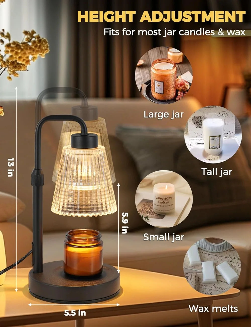 Candle Warmer Lamp with Timer, Dimmable, Adjustable Height