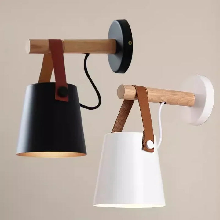 Wood and Leather Wall Lamp | Hanging Bedside Light Fixture