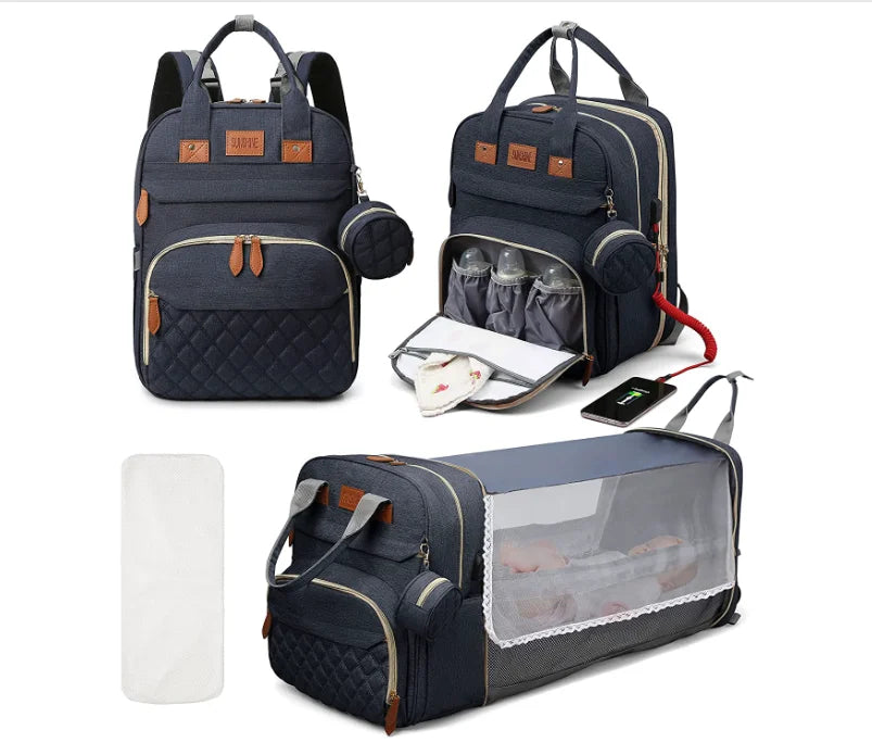 3-in-1 Waterproof Diaper Bag Backpack with Foldable Baby Bed & USB Charge