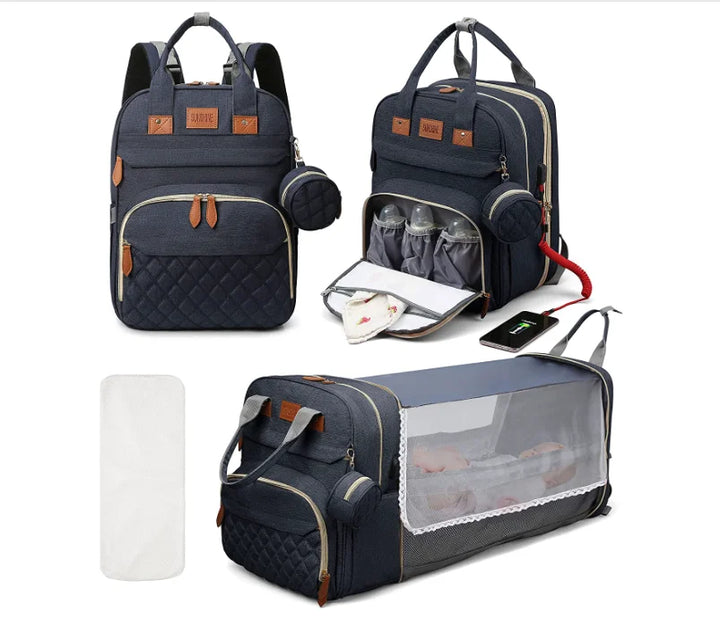 3-in-1 Waterproof Diaper Bag Backpack with Foldable Baby Bed & USB Charge