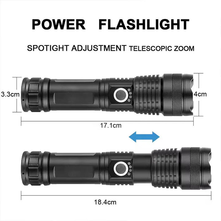 High-Power Rechargeable LED Tactical Flashlight with Zoom for Outdoors