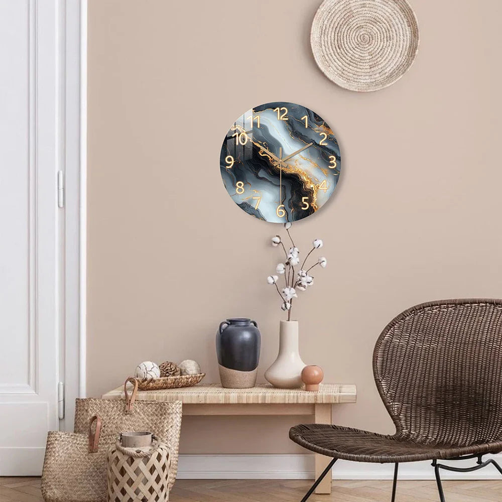 Elegant Blue & Gold Marble Wall Clock | Quiet Wooden Style