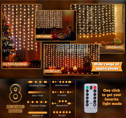 Christmas's LED Fairy String Curtain Lights with Remote - 8 Modes for