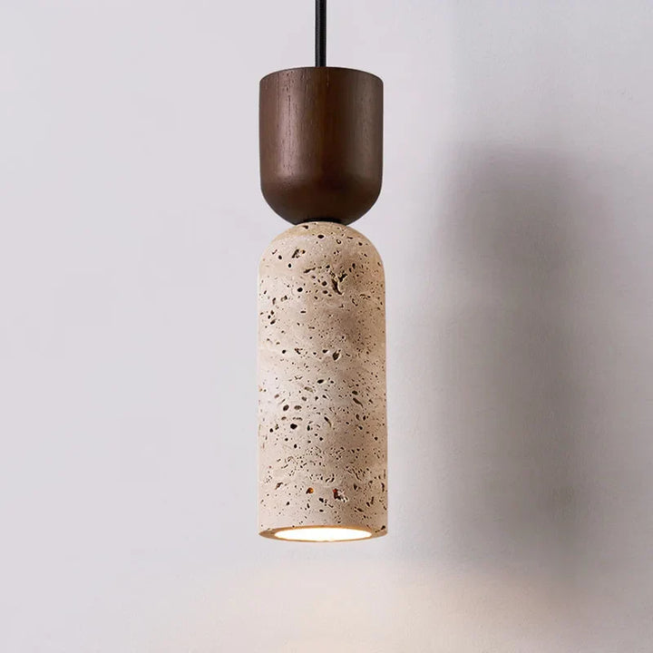Minimalist Travertine & Wood Pendant Light | Japanese Style Bedside Lamp