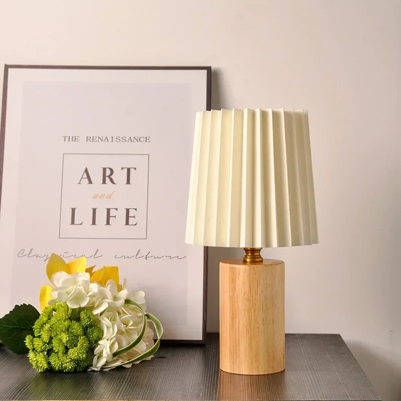 Medieval Style Pleated Table Lamp with Nordic Wood Base Design