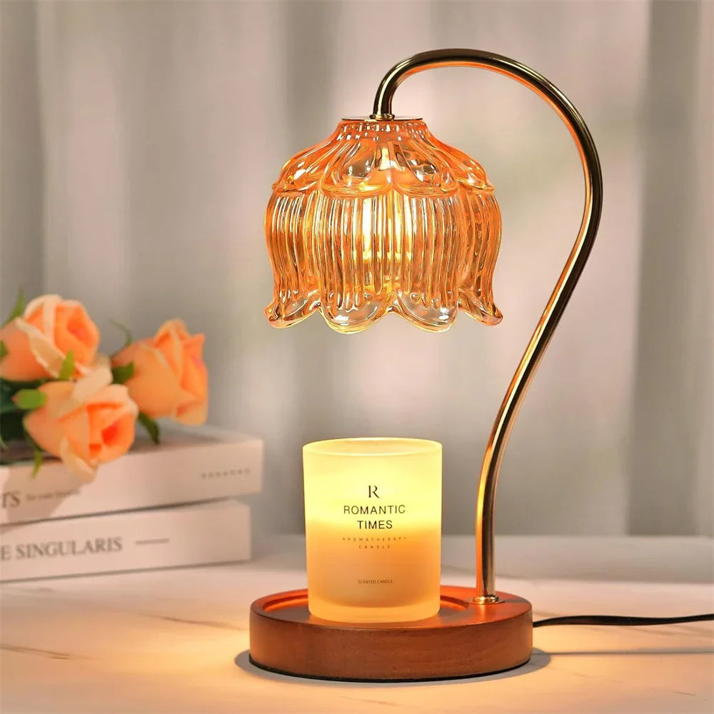 Retro Glass Shade Candle Warmer Lamp with Solid Wood Base