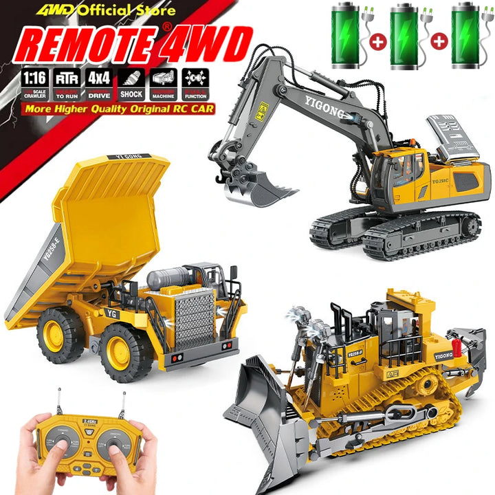 Remote Control 4WD Excavator Dump Truck Bulldozer Toy for Kids