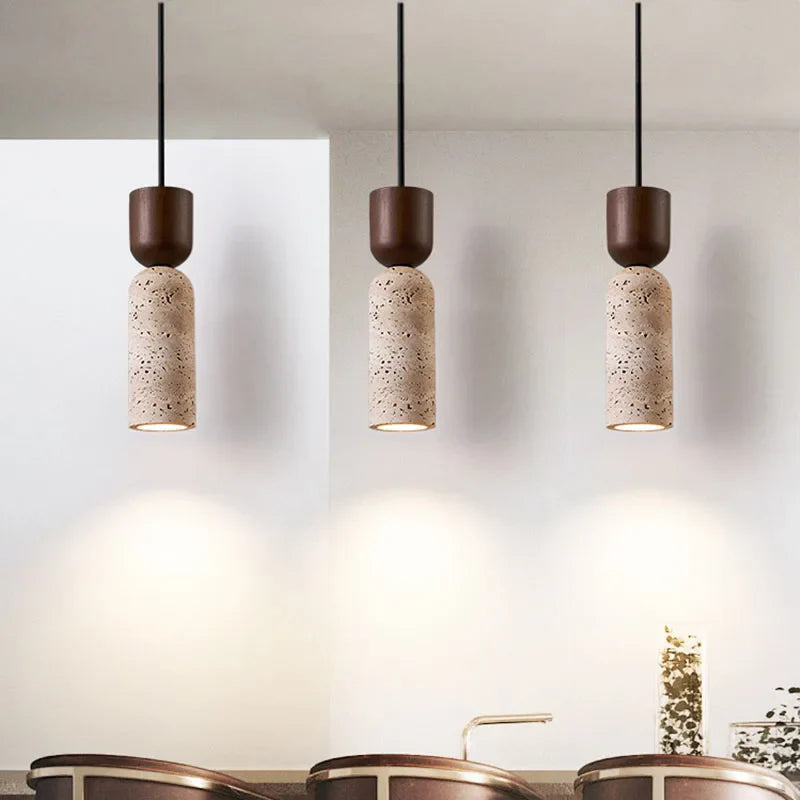 Minimalist Travertine & Wood Pendant Light | Japanese Style Bedside Lamp