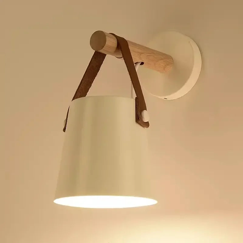 Wood and Leather Wall Lamp | Hanging Bedside Light Fixture