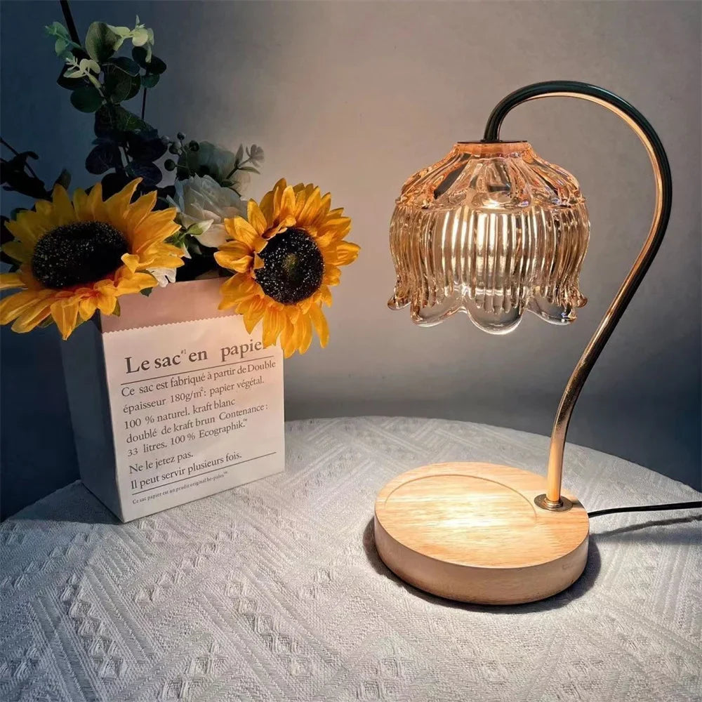 Retro Glass Shade Candle Warmer Lamp with Solid Wood Base