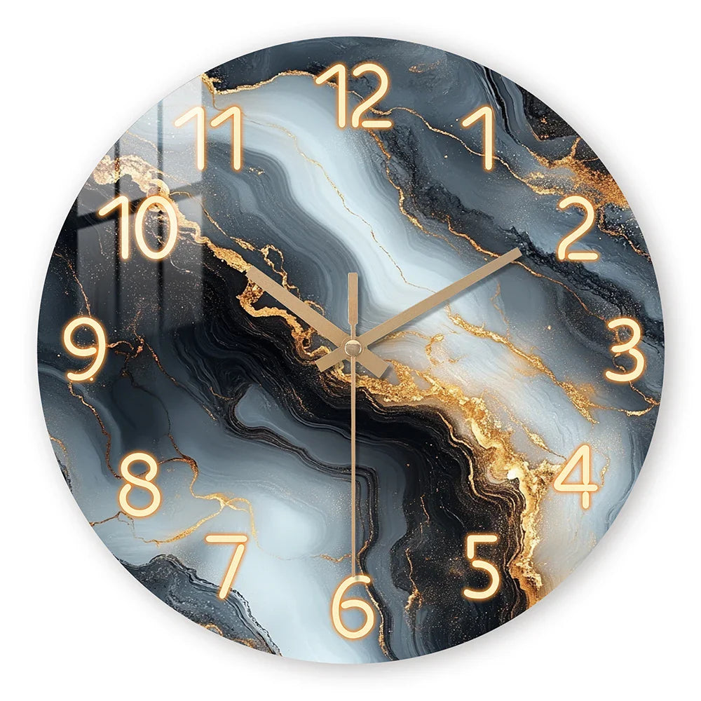 Elegant Blue & Gold Marble Wall Clock | Quiet Wooden Style