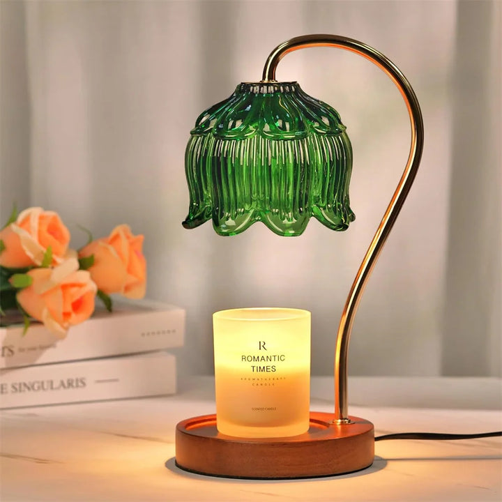Retro Glass Shade Candle Warmer Lamp with Solid Wood Base