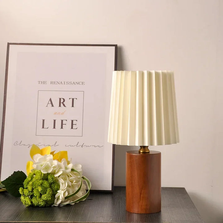 Medieval Style Pleated Table Lamp with Nordic Wood Base Design