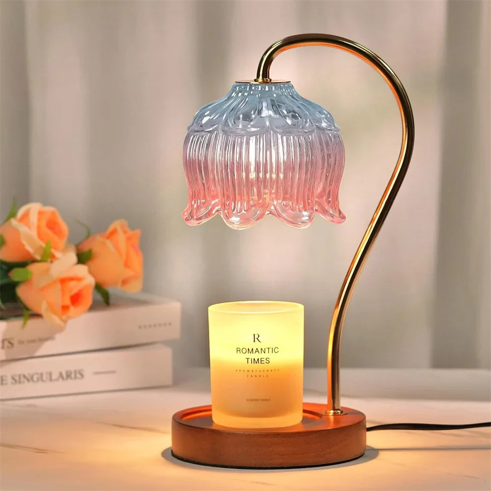 Retro Glass Shade Candle Warmer Lamp with Solid Wood Base