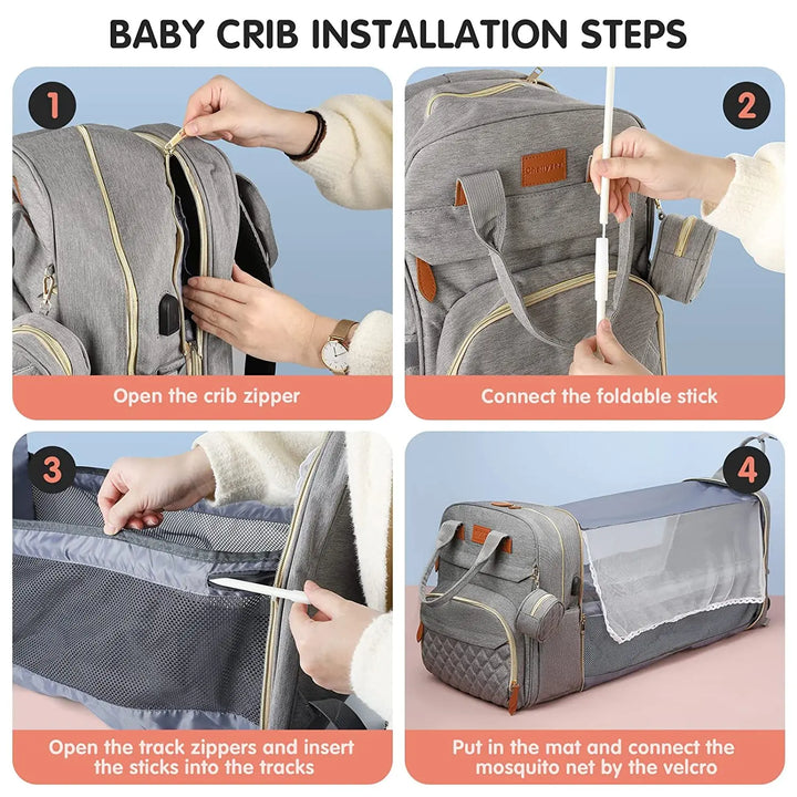 3-in-1 Waterproof Diaper Bag Backpack with Foldable Baby Bed & USB Charge