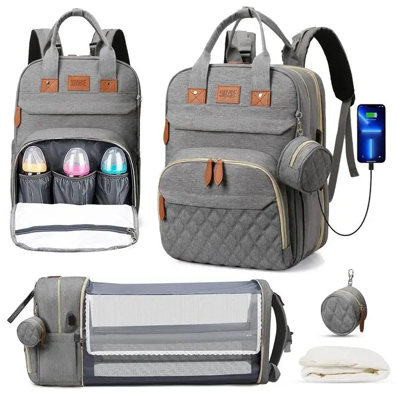 3-in-1 Waterproof Diaper Bag Backpack with Foldable Baby Bed & USB Charge