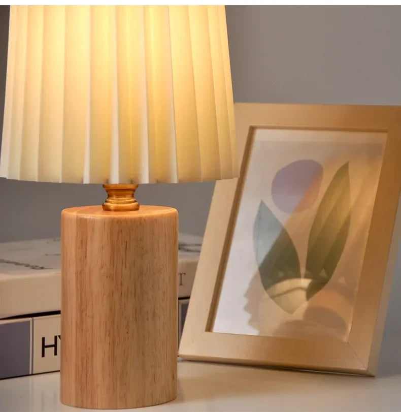 Medieval Style Pleated Table Lamp with Nordic Wood Base Design