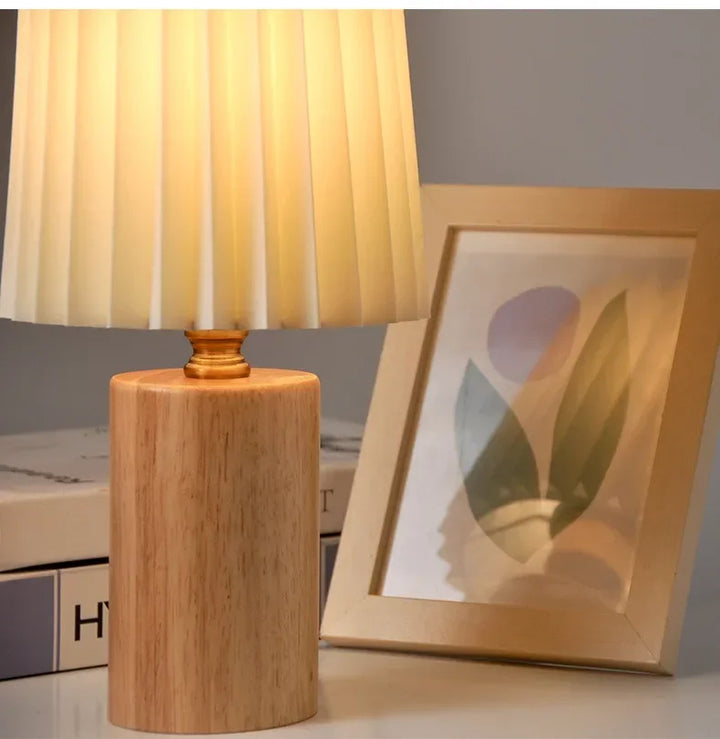 Medieval Style Pleated Table Lamp with Nordic Wood Base Design