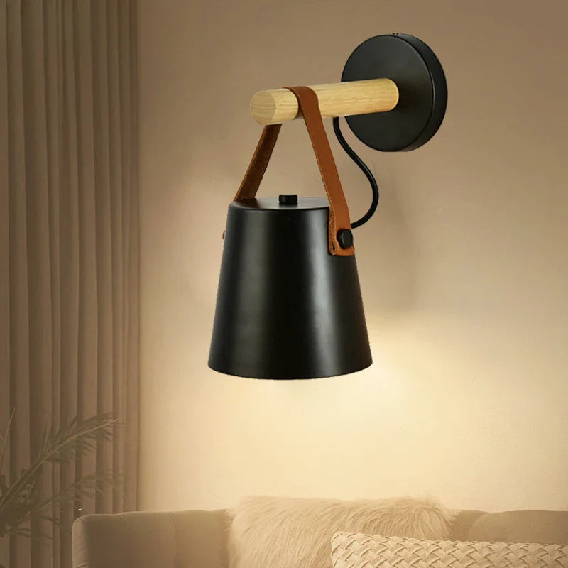 Wood and Leather Wall Lamp | Hanging Bedside Light Fixture