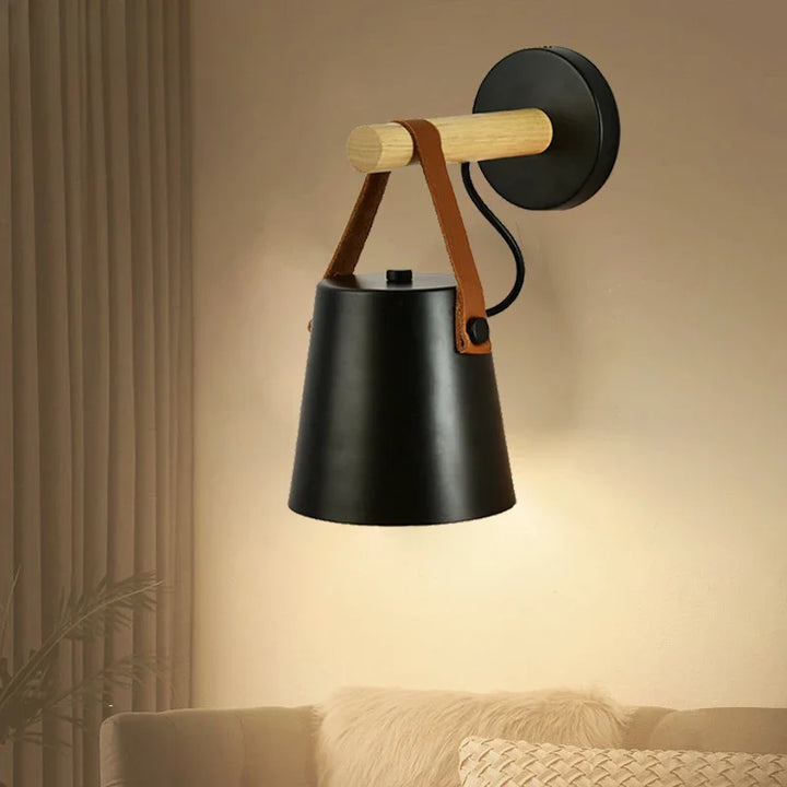 Wood and Leather Wall Lamp | Hanging Bedside Light Fixture