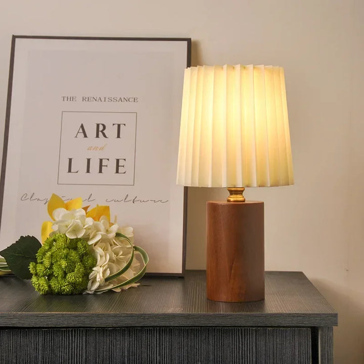 Medieval Style Pleated Table Lamp with Nordic Wood Base Design