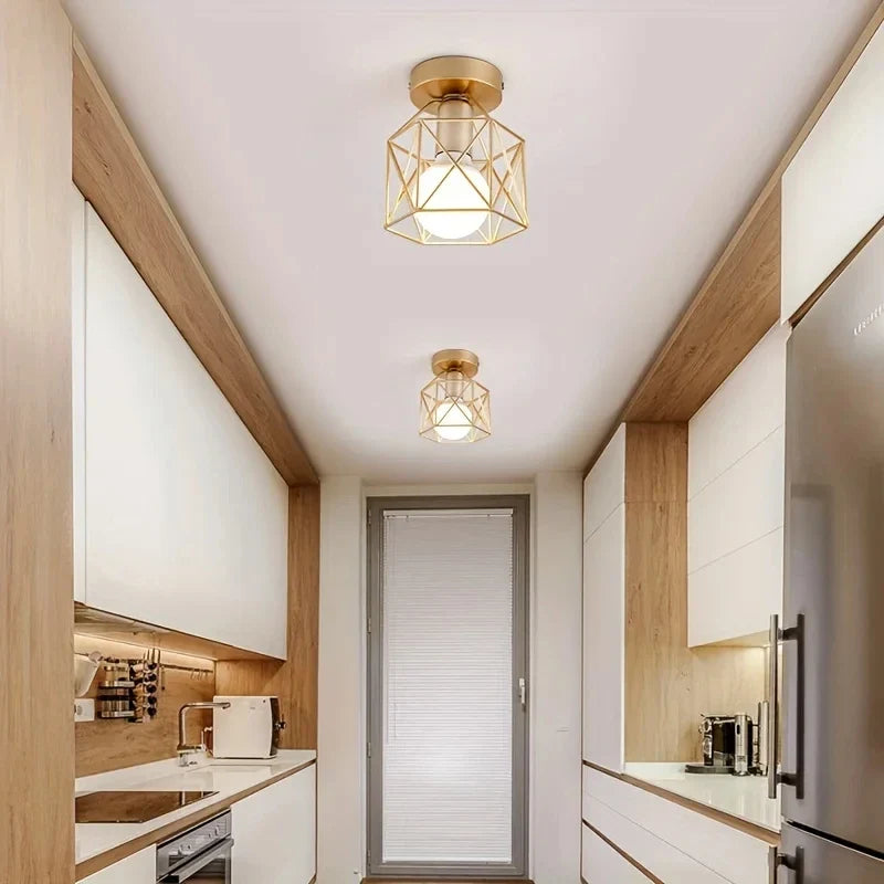 Geometric Metal Cage Design Modern Gold Ceiling Light Fixture