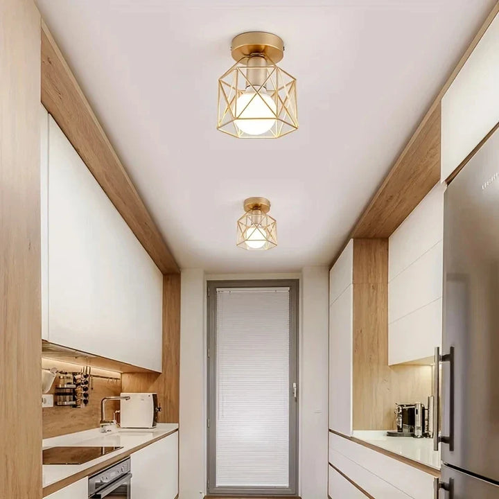 Geometric Metal Cage Design Modern Gold Ceiling Light Fixture