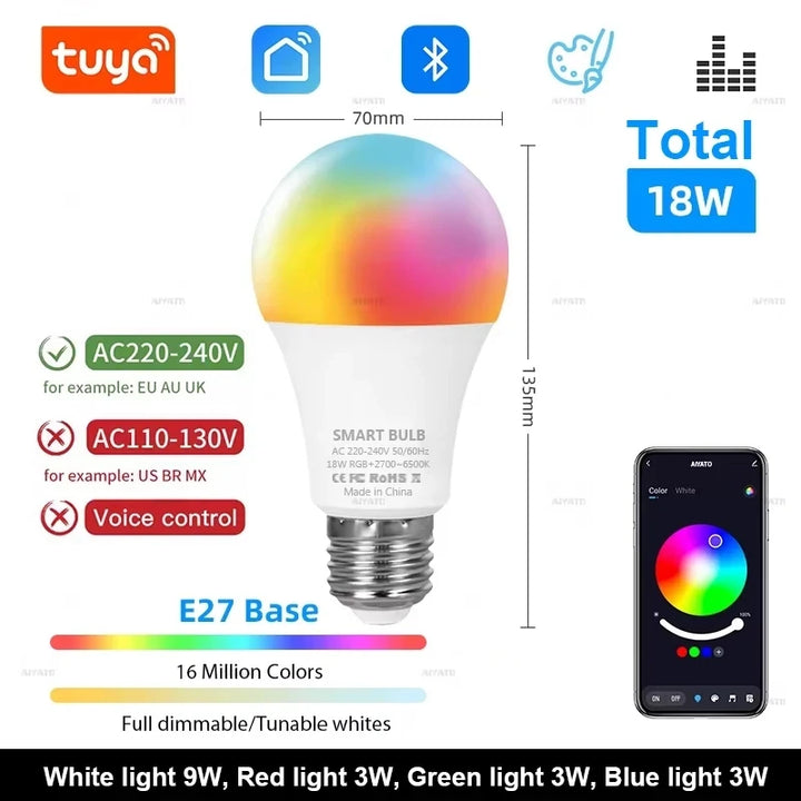 Smart Bluetooth LED Bulb Dimmable 15W 18W E27 B22 RGBCW