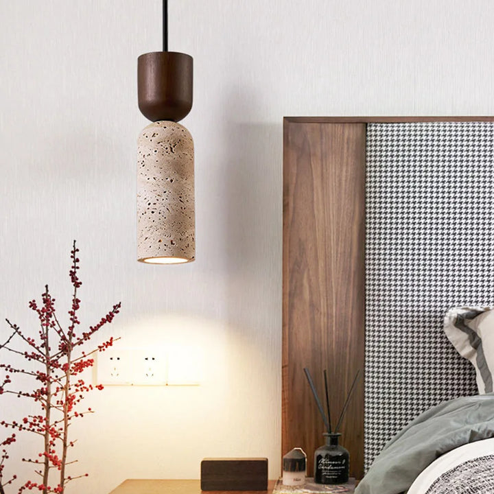 Minimalist Travertine & Wood Pendant Light | Japanese Style Bedside Lamp