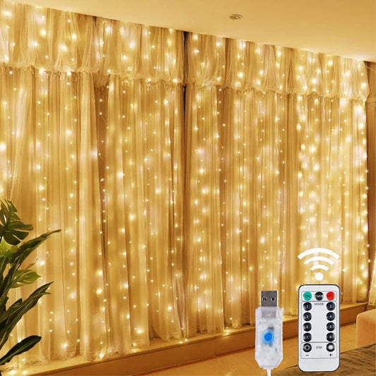 Christmas's LED Fairy String Curtain Lights with Remote - 8 Modes for