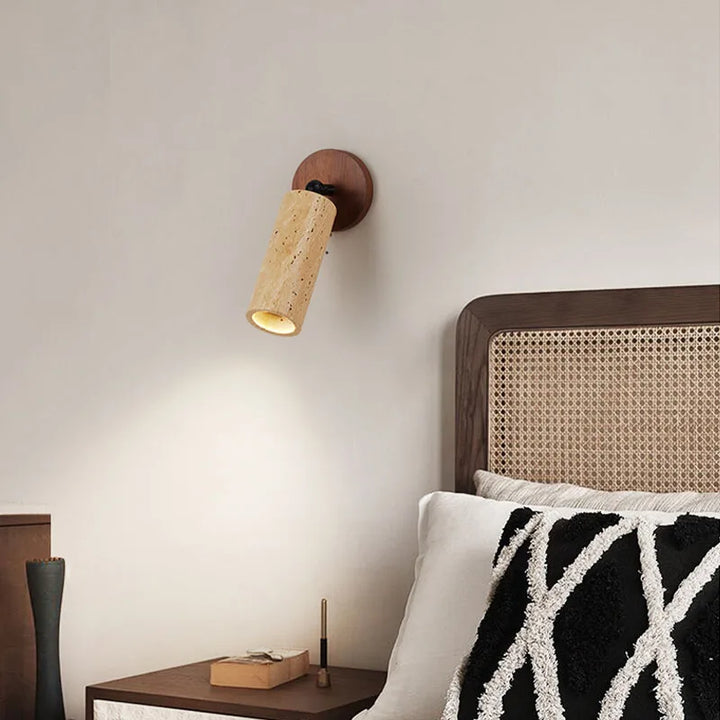 Wabi-Sabi Wall Lamp | Travertine and Wood Lighting Fixture