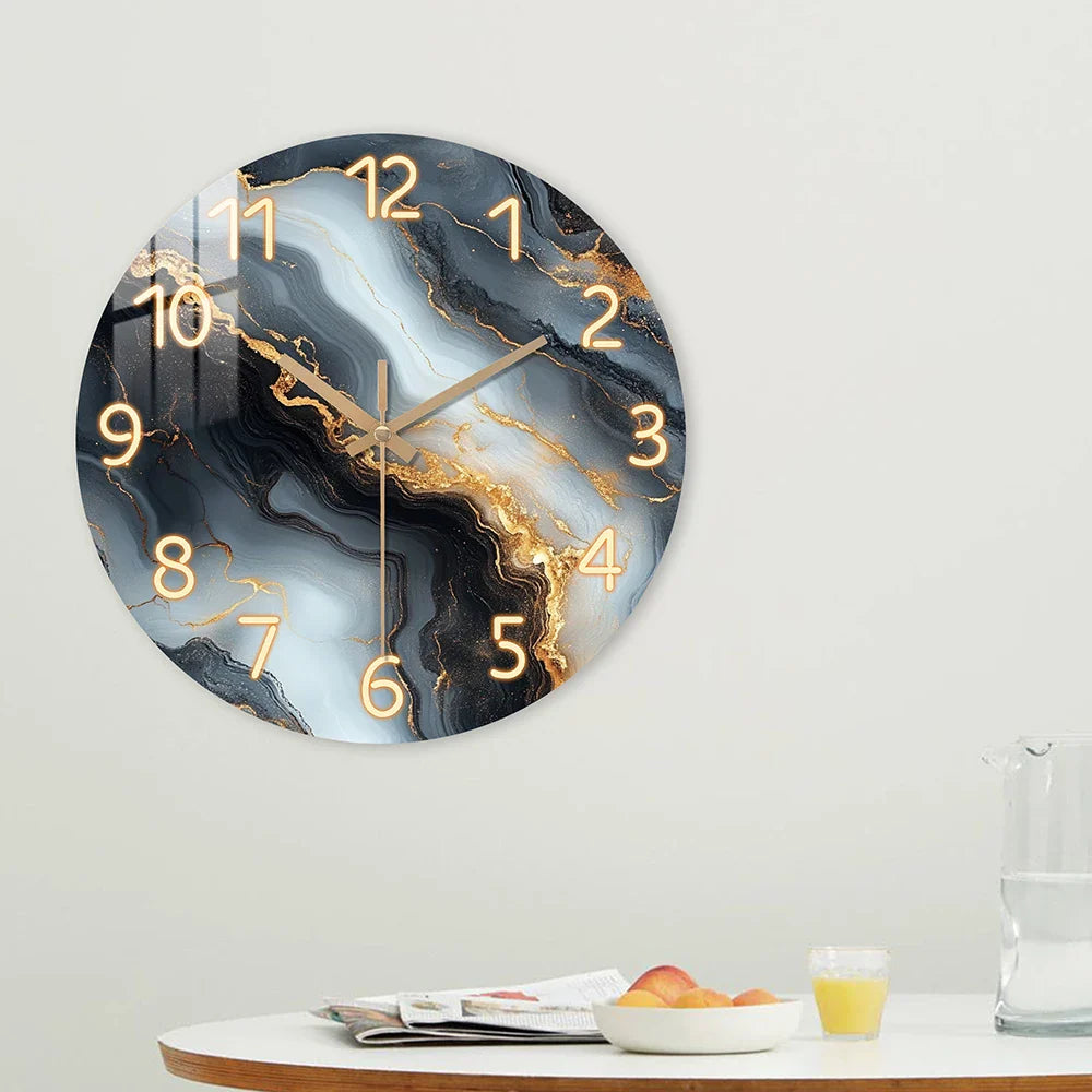 Elegant Blue & Gold Marble Wall Clock | Quiet Wooden Style